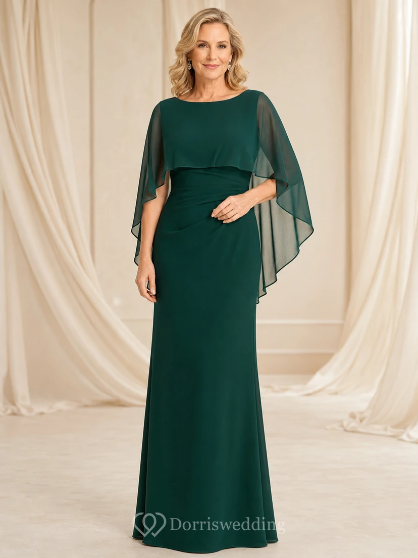 Dark Green Floor-Length Sheath Modest Mother of the Bride Dress with Scoop Neck Asymmetrical Chiffon Cape Overlay