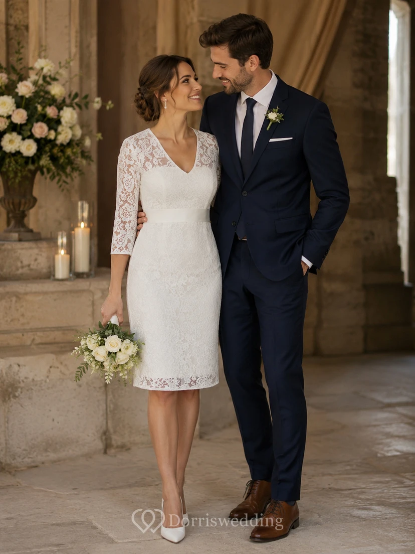 3 4 sleeve knee length wedding dress Knee Length Bridal Gowns | Short/Midi Wedding Dress