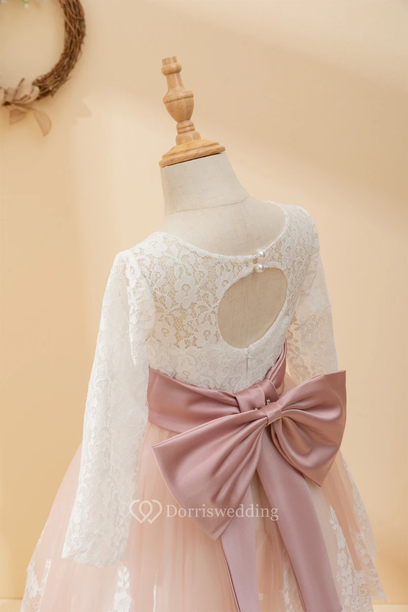 Lace Two-Tone Long Sleeve Short White and Coral Flowergirl Dress view 9