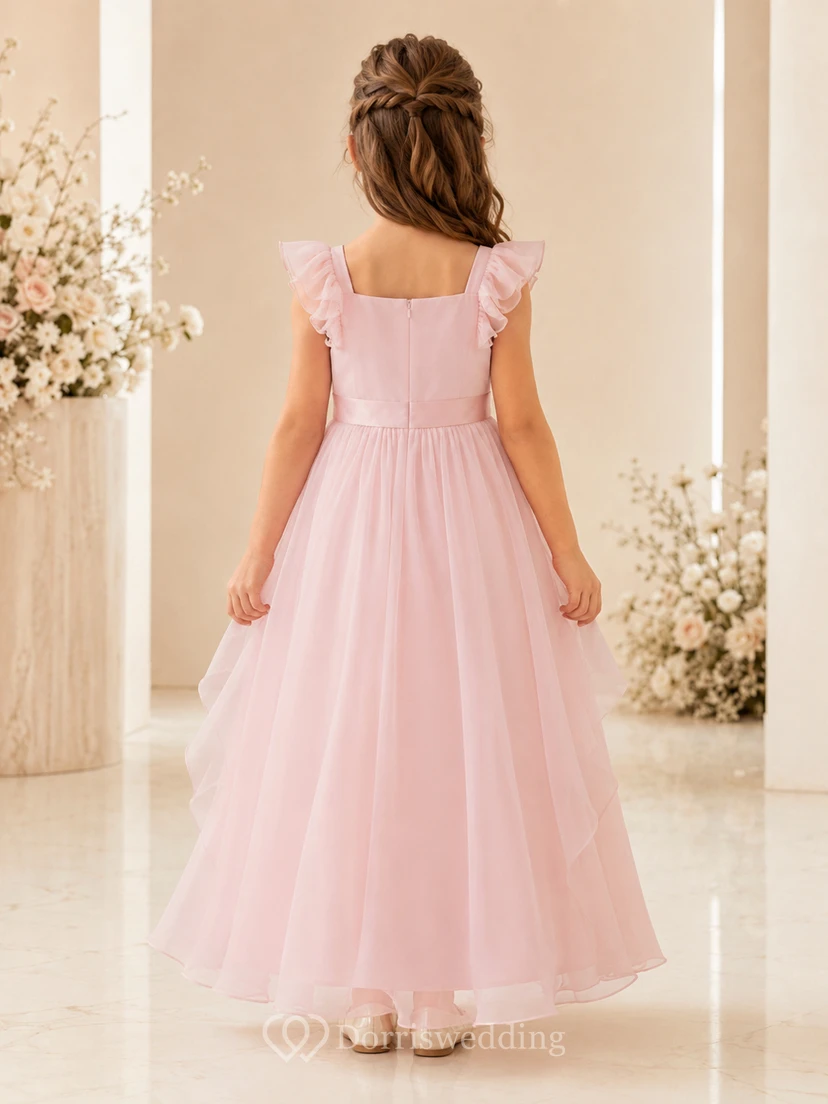 Blumenmädchenkleid aus rosafarbenem Chiffon, A-Linie, V-Ausschnitt, Teelänge, plissiert view 2