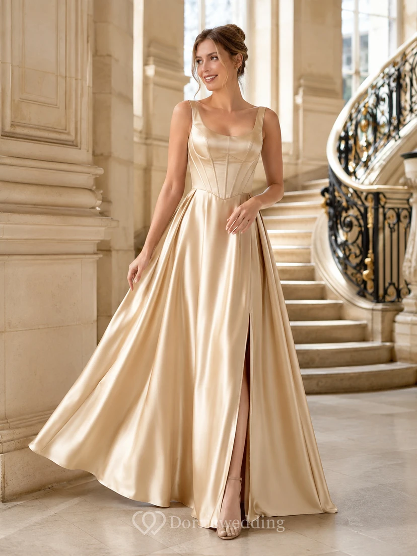 Champagne Square Neck Wide Strap Satin A-Line Floor Length Slit Gown