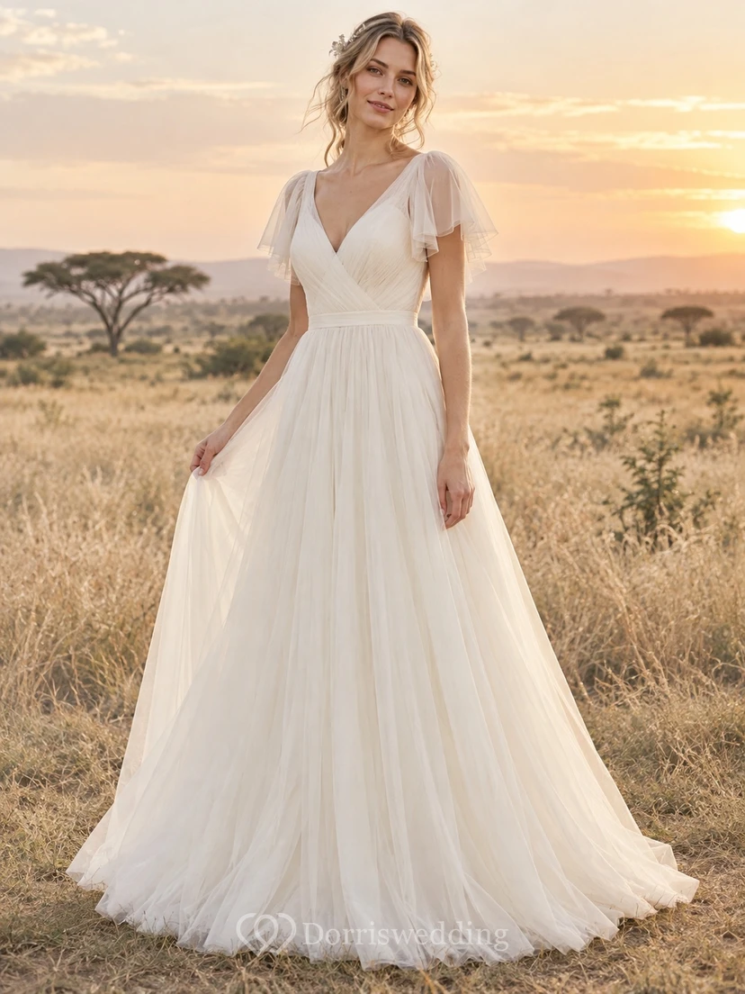 Vestido de novia sencillo de corte A con escote en V, tul, manga corta y corpiño fruncido.