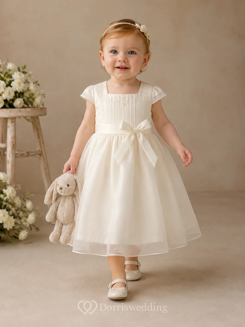 Square Neck Baptism Dress A-Line Tulle Lace Short Sleeve Bow Back