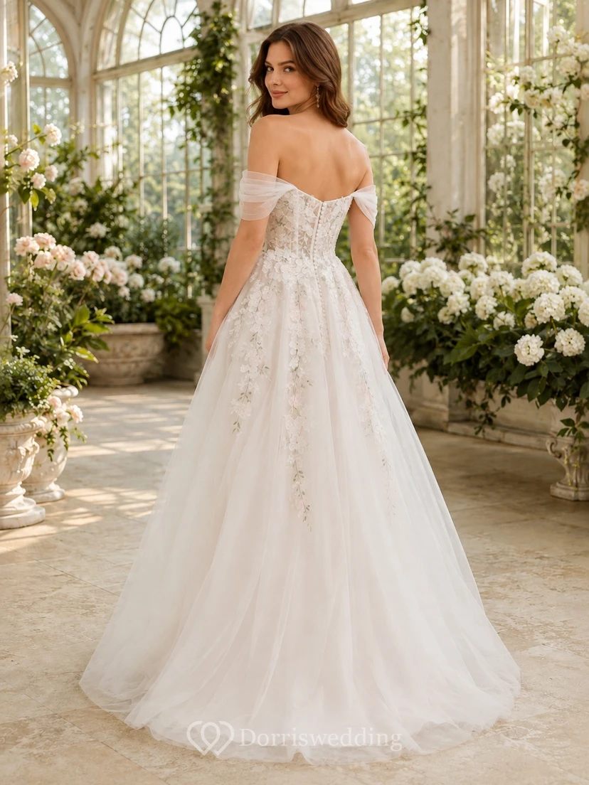 Romantic Off-Shoulder Floral Applique Tulle A-Line Floor-Length Garden Wedding Gown view 2