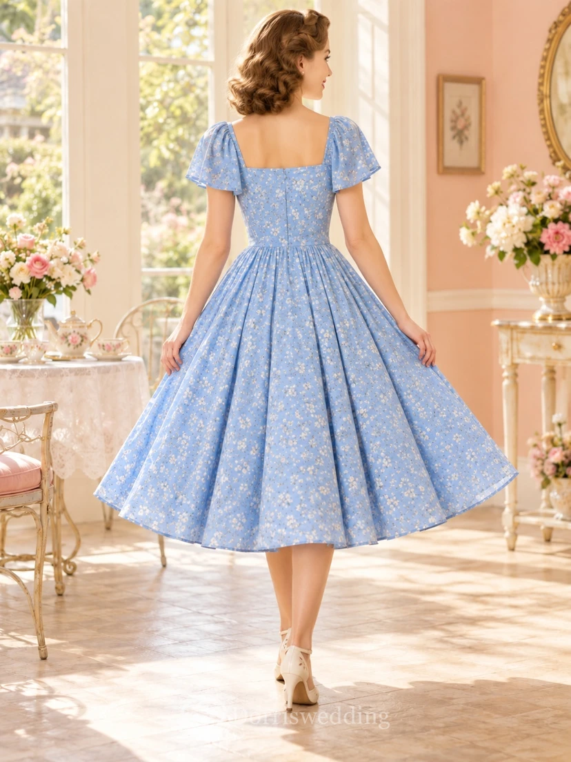 1940s Sky Blue Floral Sweetheart Flutter Sleeve Midi Party Dress view 2