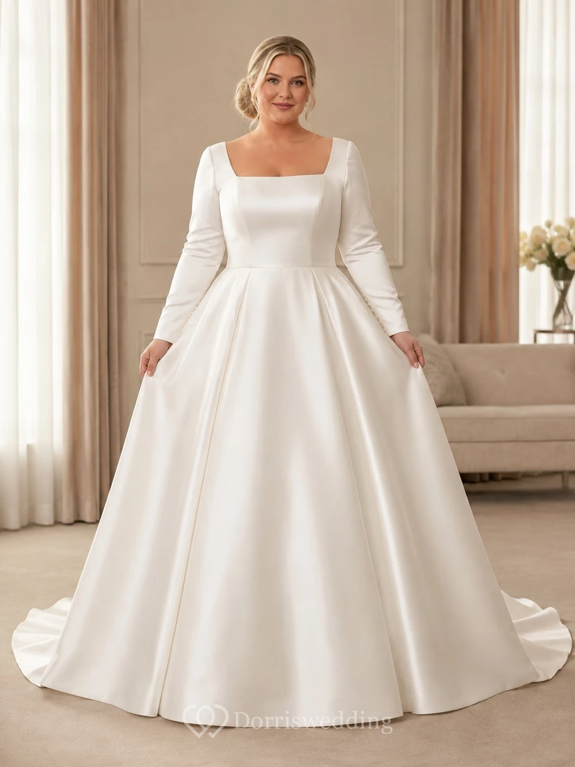 Plus Size Langarm-Ballkleid aus Satin mit eckigem Ausschnitt, schlichtes Hochzeitskleid