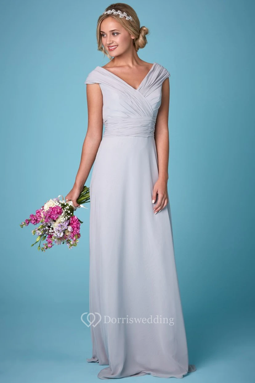 Short Sleeve V-Neck Ruched Chiffon Bridesmaid Dress