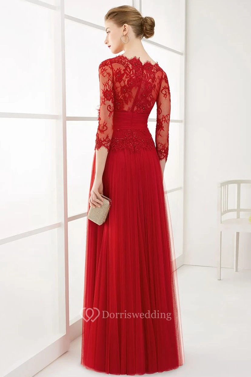 A-Line Long Appliqued 3-4-Sleeve Jewel-Neck Tulle Prom Dress With Flower view 2