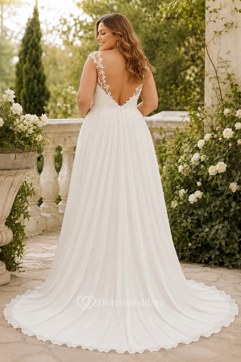 Plus Size High Neck Cap Sleeve Lace A-Line Wedding Dress with V-Back view 2