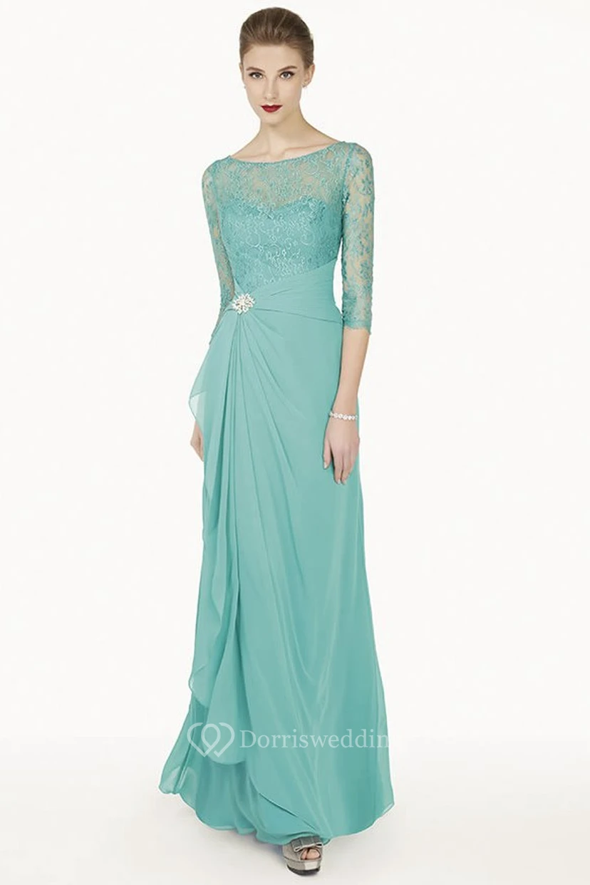 Sheath Broach Floor-Length Scoop-Neck Half-Sleeve Chiffon Prom Dress With Draping And Lace