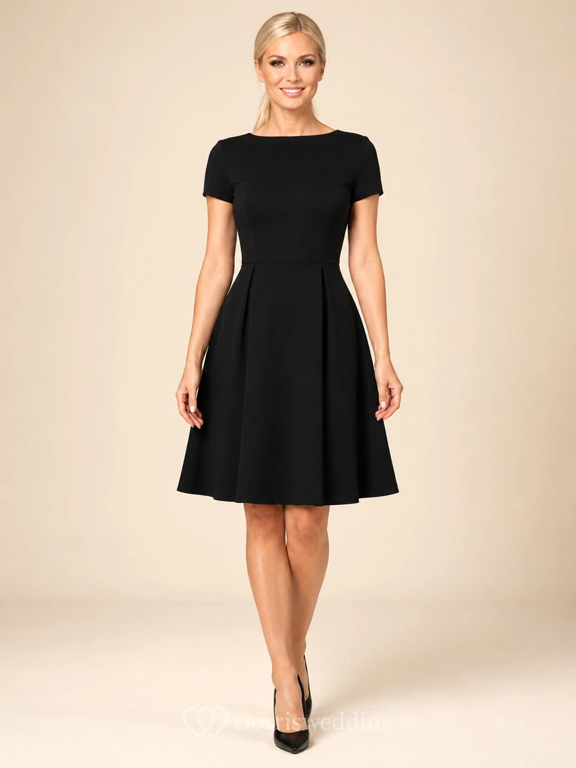 Black Bateau Short Sleeve Simple A-Line Knee Cocktail Dress Court