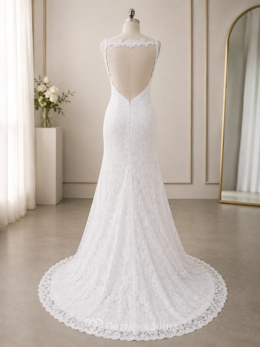 Robe de mariée sirène en dentelle, dos nu, bretelles spaghetti, style bohème chic, sexy, à bretelles spaghetti et ourlet asymétrique. view 8