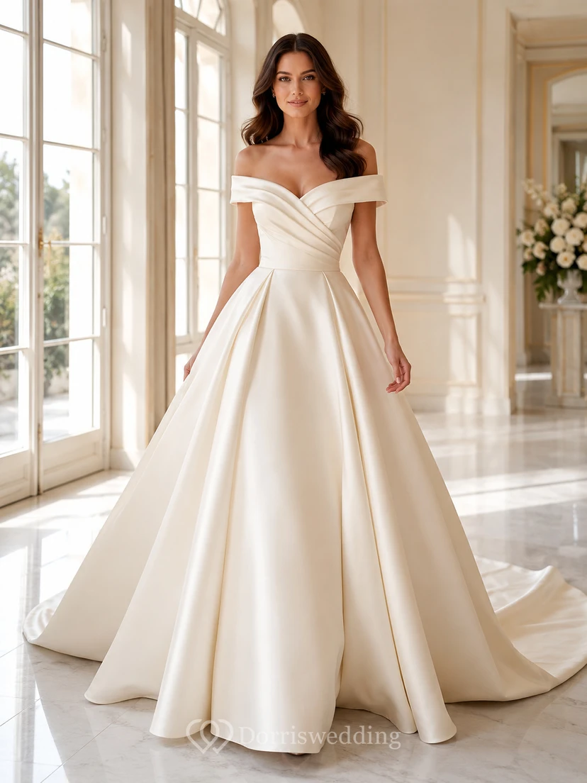 Robe de mariée bustier en satin à épaules dénudées, longueur au sol