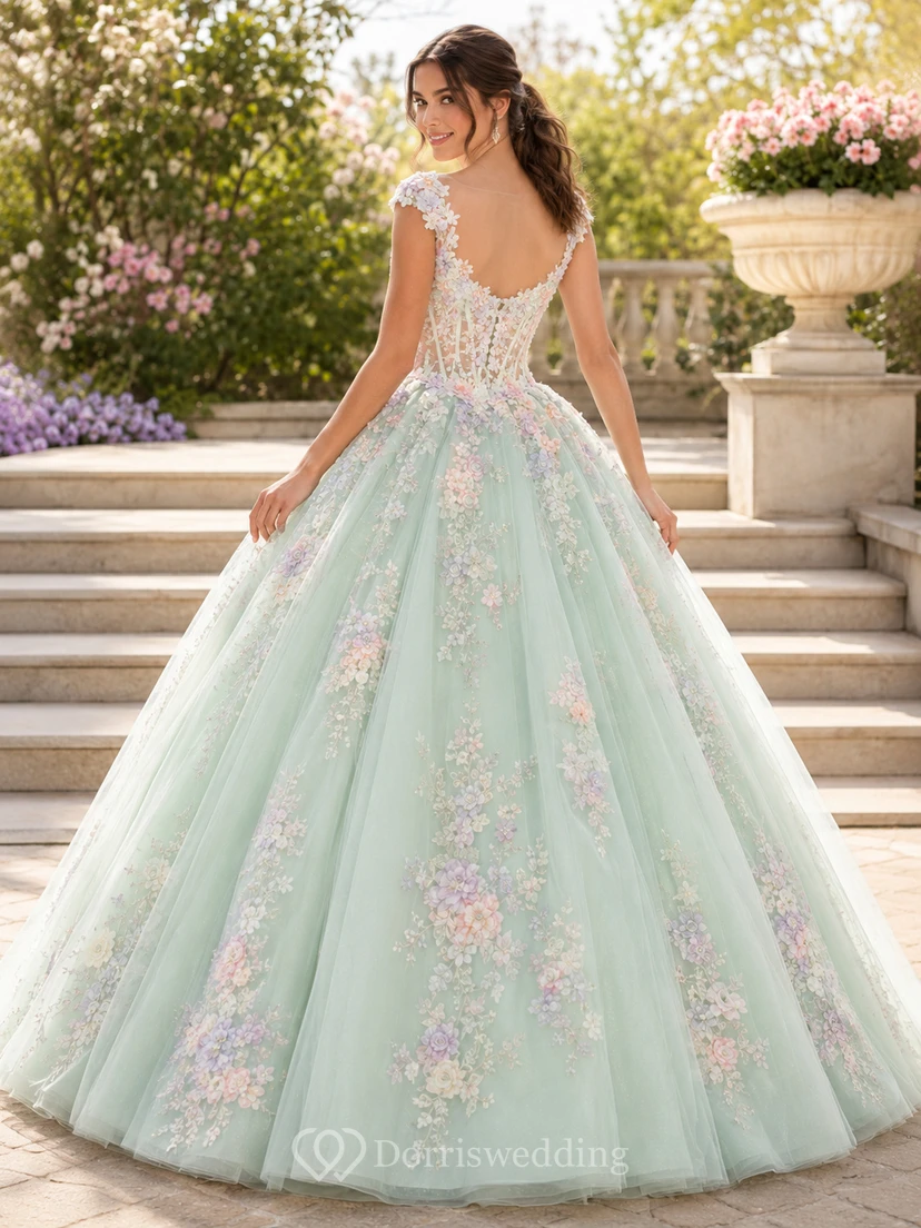 Robe de bal de princesse vert menthe à manches courtes et décolleté rond, en dentelle florale pastel, style printanier. view 2