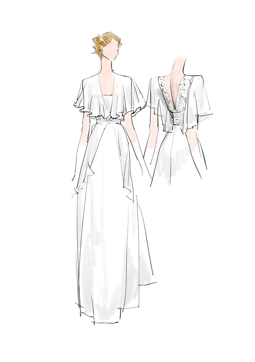 Brautkleid aus Chiffon mit böhmischer Perlenstickerei, tiefem V-Ausschnitt, rückenfreiem Design, Blumenstickerei, transparenten Ärmeln und Falten im Boho-Stil view 4