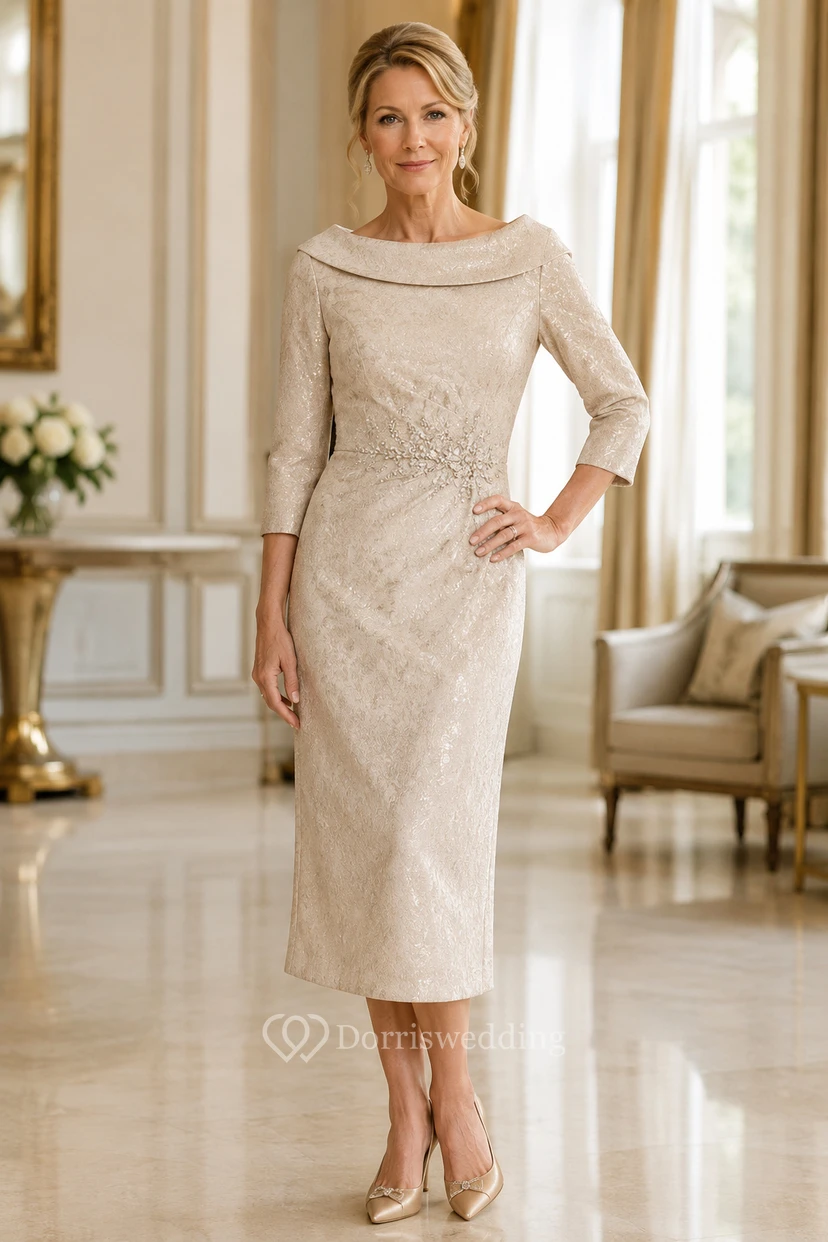 Robe de mariée fourreau en dentelle champagne, manches 3/4, col bénitier, longueur genou