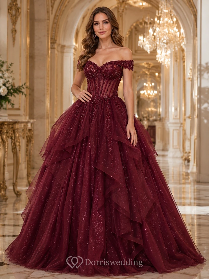 Robe de bal formelle à épaules dénudées, en tulle à volants, longue jusqu'au sol, style masqué