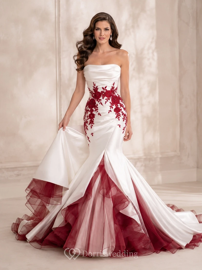 Dramatisches, ärmelloses, ärmelloses Brautkleid im Meerjungfrauenstil aus rotem, gerüschtem Tüll mit Meerjungfrauen-Schleppe
