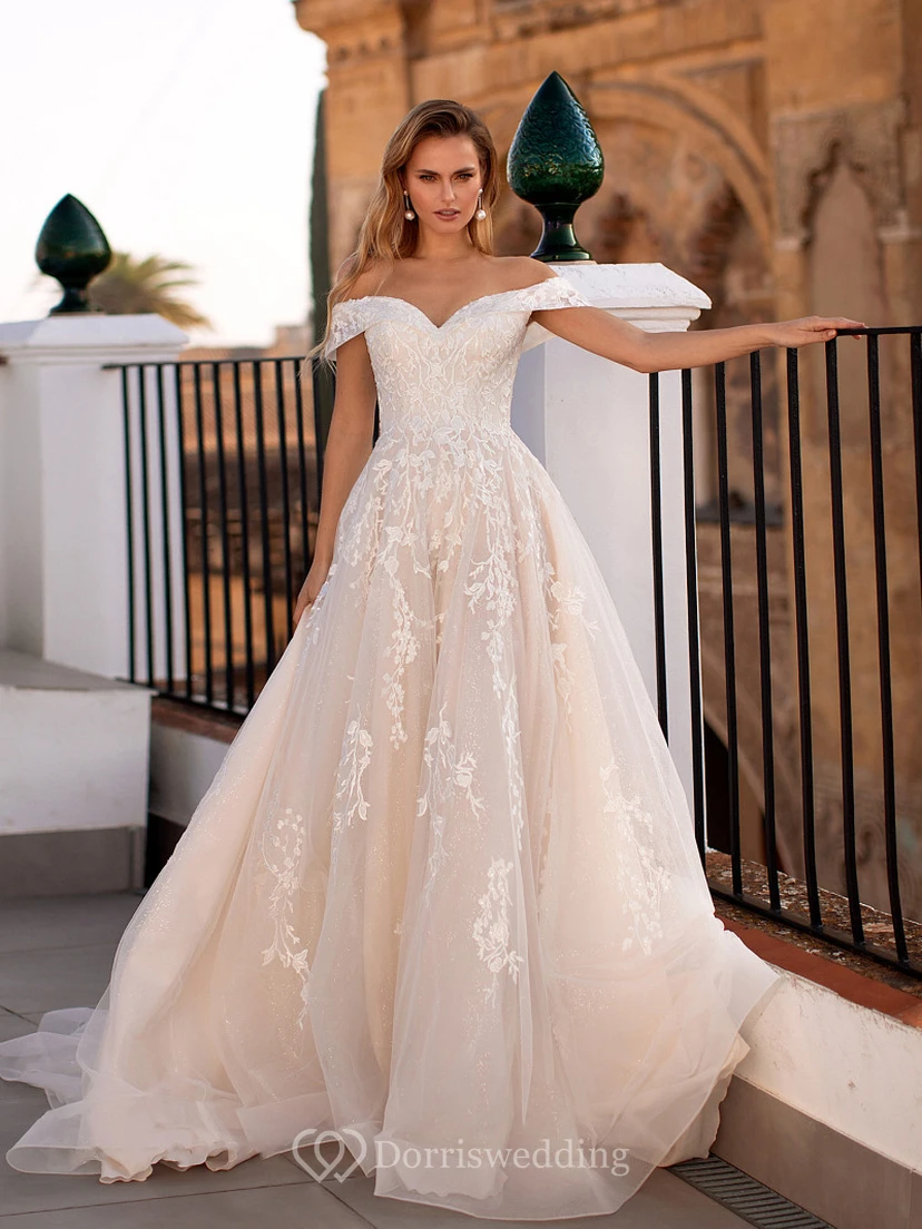 Lace Off-the-shoulder Illusion A-line Wedding Dress with Corset Back