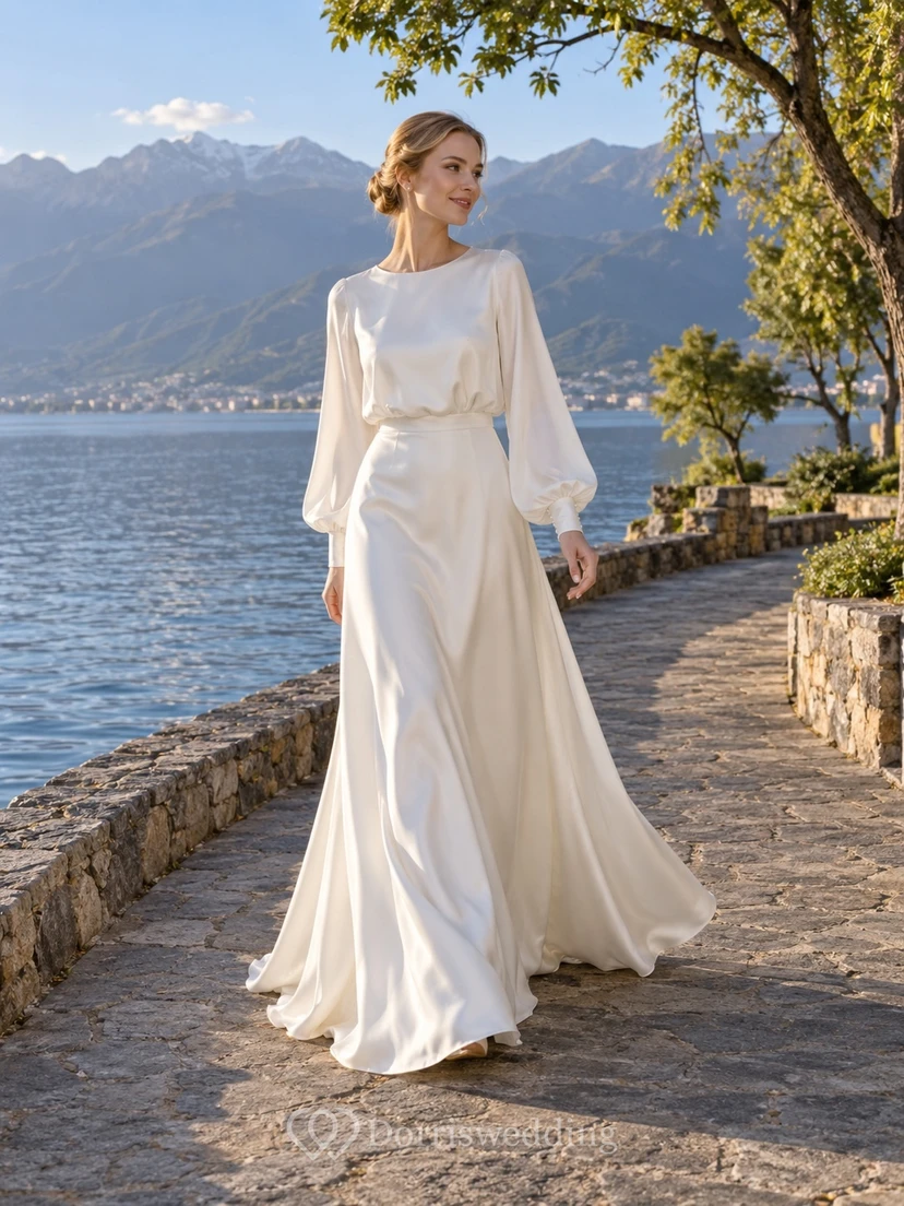 Vestido de novia sencillo y modesto de satén con mangas largas y cuello alto, corte en A