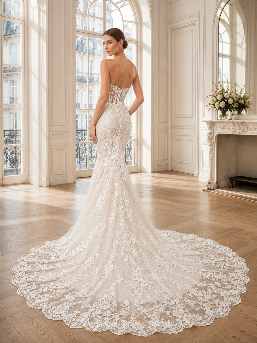 Trägerloses Brautkleid mit Herzausschnitt, Korsett, floraler Spitze, Meerjungfrauen-Schleppe und Kapellenschleppe view 2