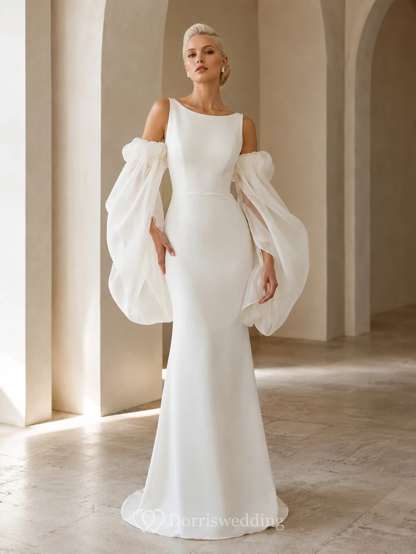 Robe de mariée fourreau en satin à épaules dénudées et manches ballon, style bateau
