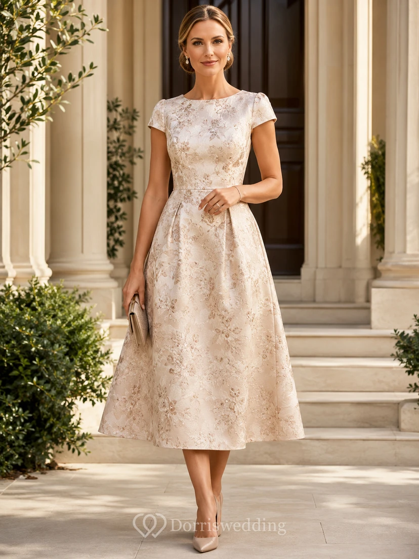 Champagne Jacquard Mother A Line Tea Length Jewel Cap Sleeve Formal Dress