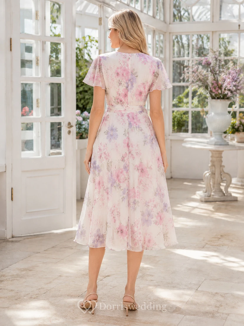 Vestido midi cruzado con escote en V y manga corta con estampado floral en acuarela view 2