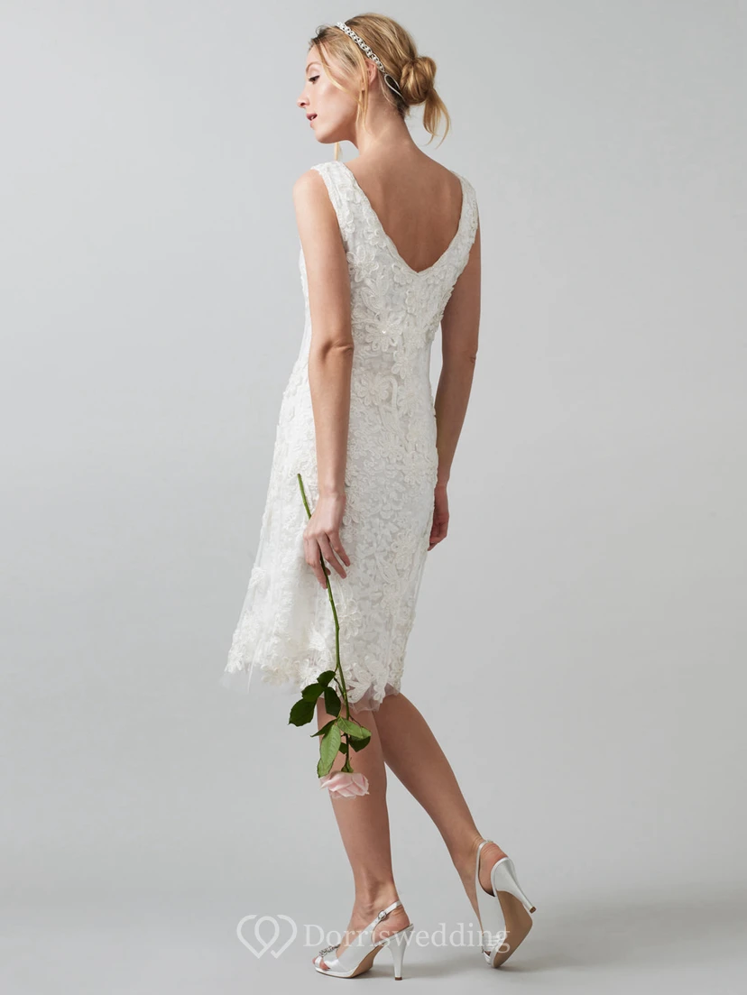 Midi V-Neck Appliqued Lace Wedding Dress With V Back view 2