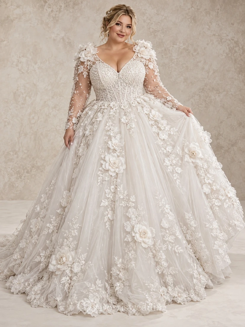 Vestido de novia de talla grande con escote en V, manga larga y estampado floral, con cola de tul bordada.