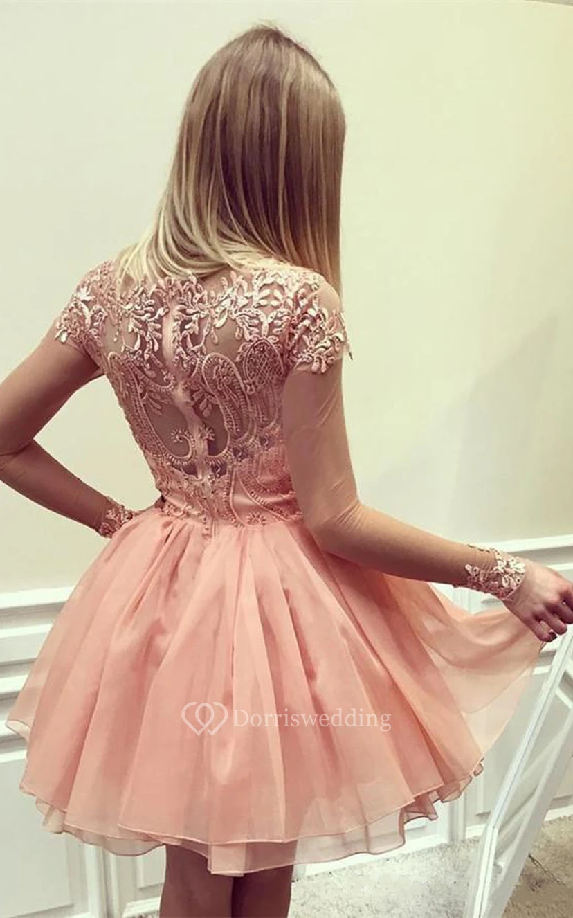 Tulle Lace Ball Gown Zipper Illusion Long Sleeve with Appliques Homecoming Dress view 2