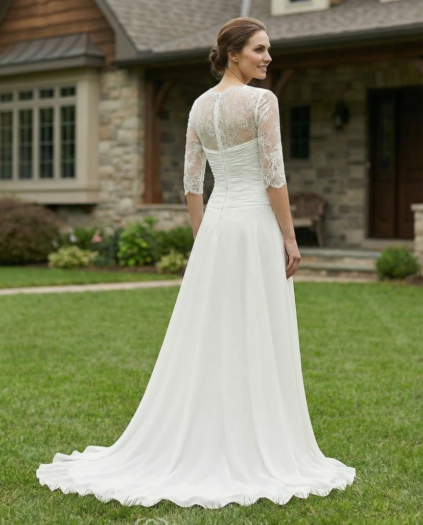 Vestido de encaje y gasa de manga corta para la madre de la novia con cola. view 2