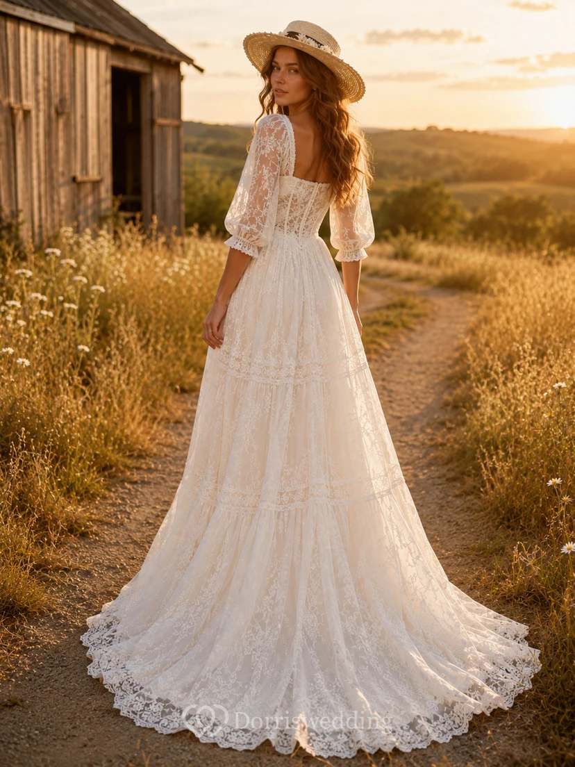 Boho Square Neck Puff Sleeve A-Line Country Wedding Dress view 2