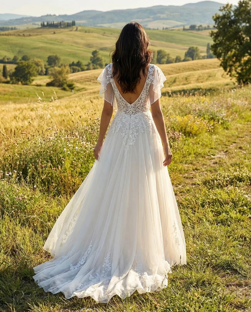 Robe de mariée bohème trapèze avec manches papillon et corsage en dentelle view 2
