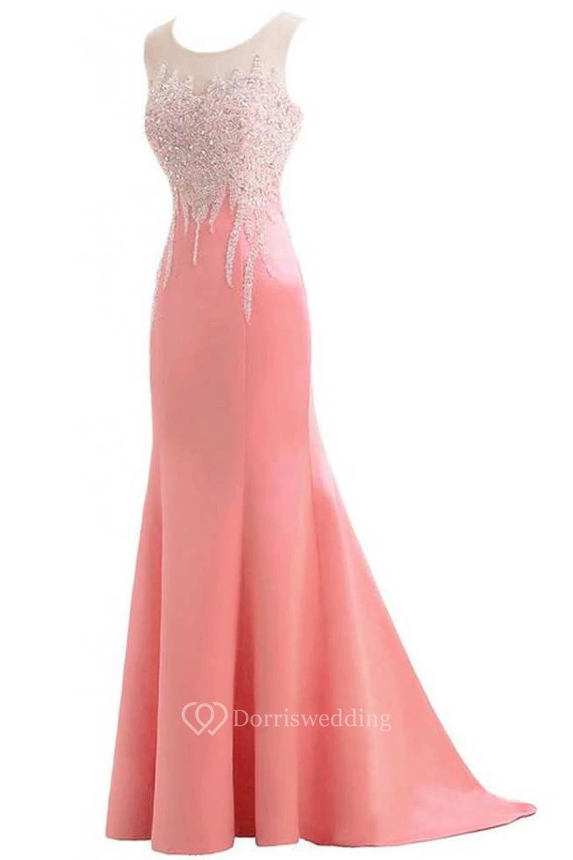 Sleeveless Beaded Bodice Mermaid Long Satin Dress With Bow view 3
