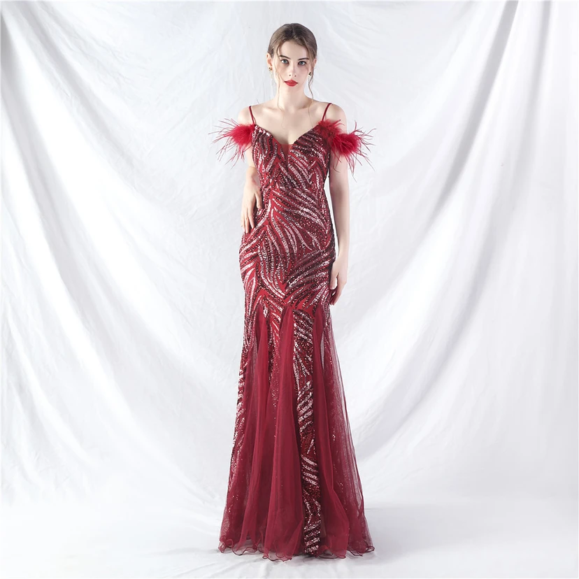 Crafted Ostrich Feather Stacked Sequins Splicing Mesh Gauze High-End Evening Dress Clothes view 4