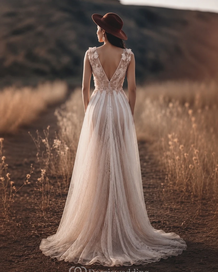 Western Sleeveless V-neck Tulle Empire Wedding Dress with Applique view 2