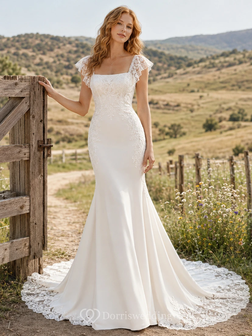 Vestido de novia de crepé con encaje campestre, corte sirena, escote redondo, mangas cortas, cola de capilla, espalda baja en V.