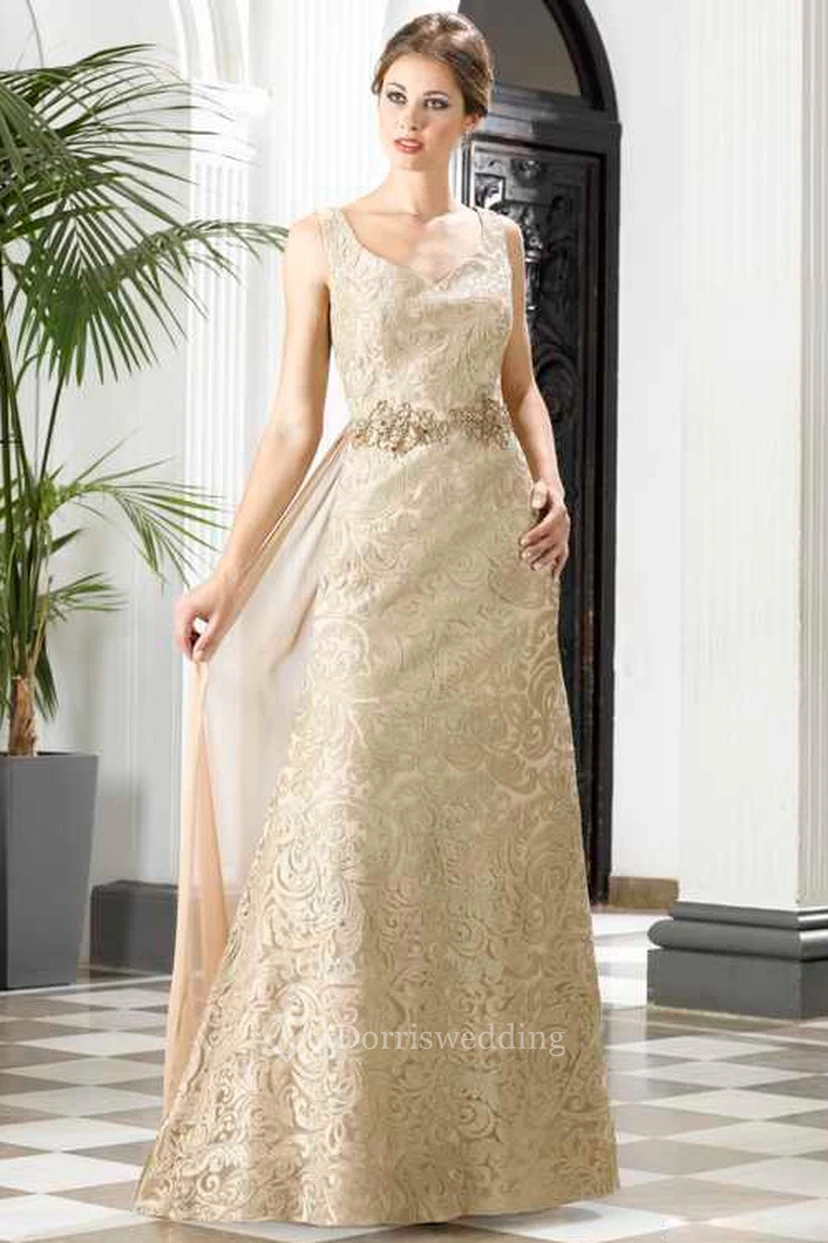 A-Line Floor-Length V-Neck Sleeveless Lace Waist Jewellery Detachable Train Low-V Back Dress