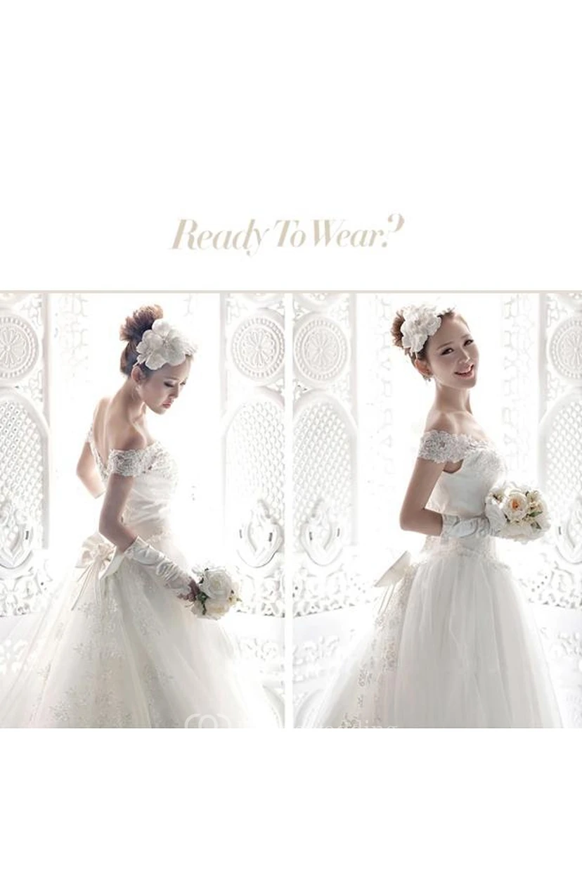 Vintage Off-the-Shoulder Lace Bowknot Wedding Dresses Lace With Long Train view 4