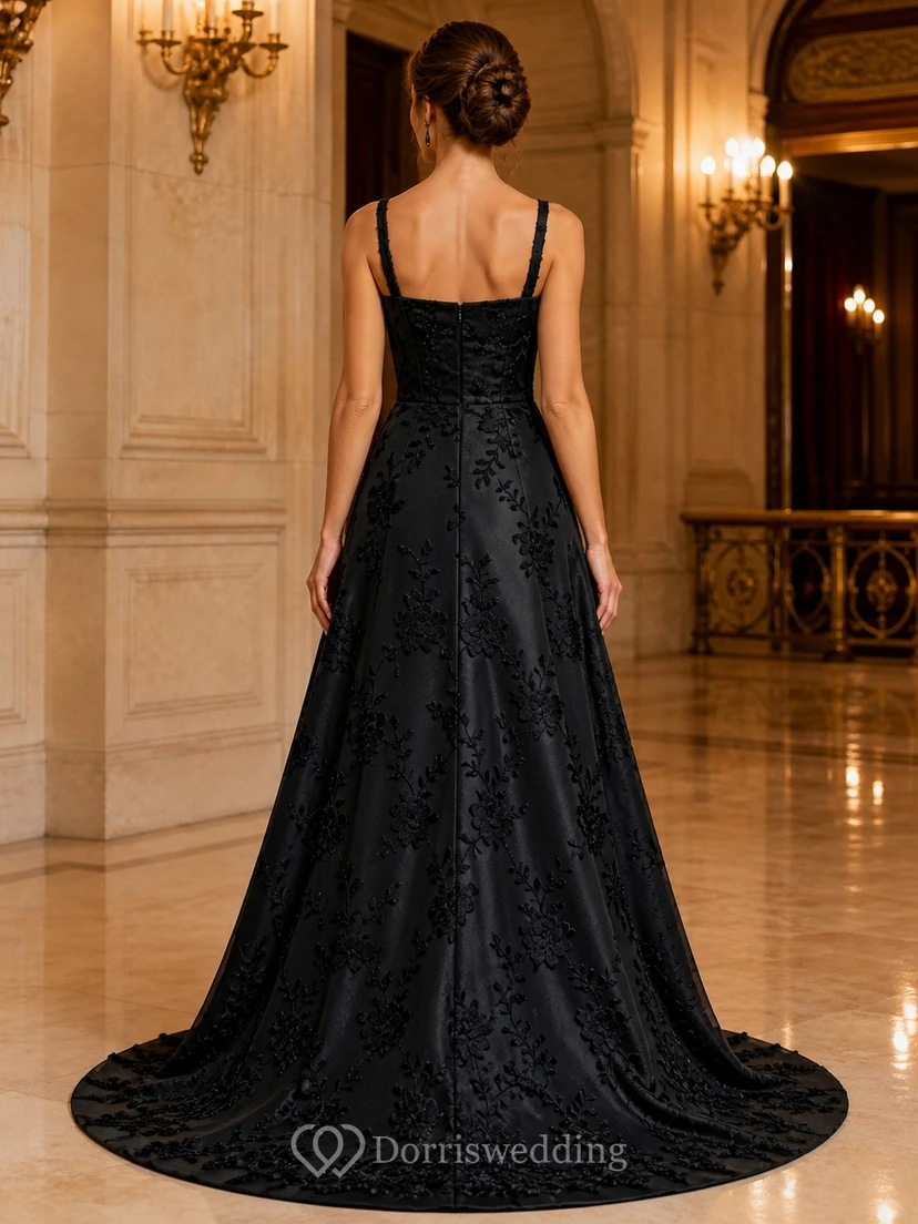 Black Simple A-Line Square Neck Satin Court Train Formal Gown view 2