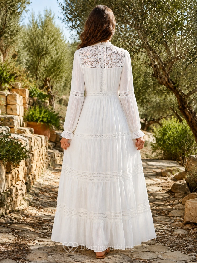 Modest Boho High Neck Long Sleeve Lace Tiered Floor-Length A-Line Wedding Dress view 2