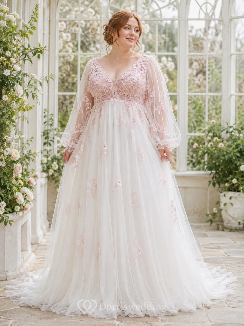 Brautkleid in zartem Rosa, Übergröße, V-Ausschnitt, langen Ärmeln, Empire-Stil, A-Linie, Spitze