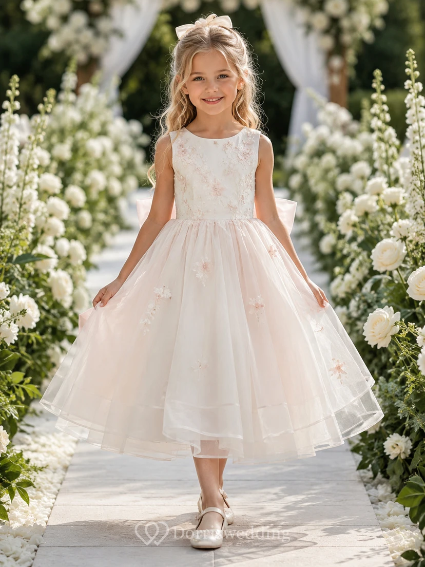 Rosafarbenes Tüll-Blumenmädchenkleid mit Spitzenoberteil