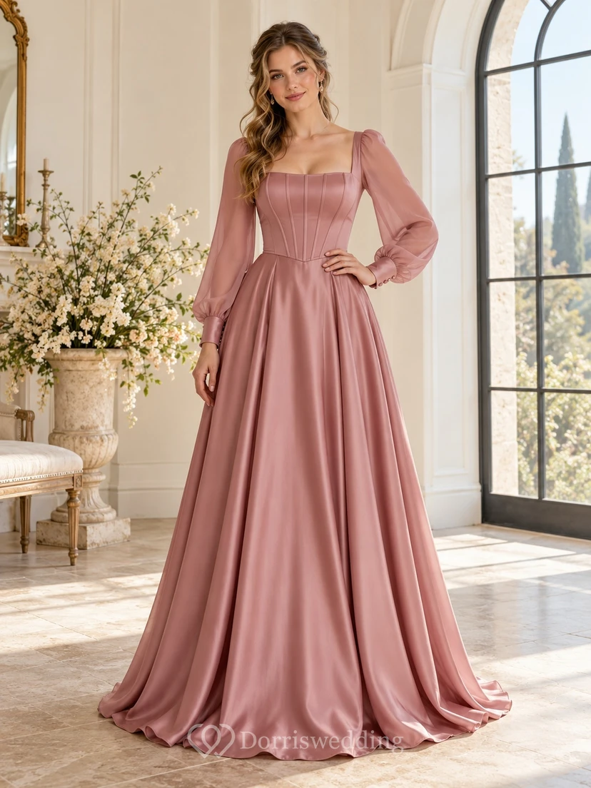 Robe de bal trapèze en satin rose poudré, col carré, manches longues, style modeste