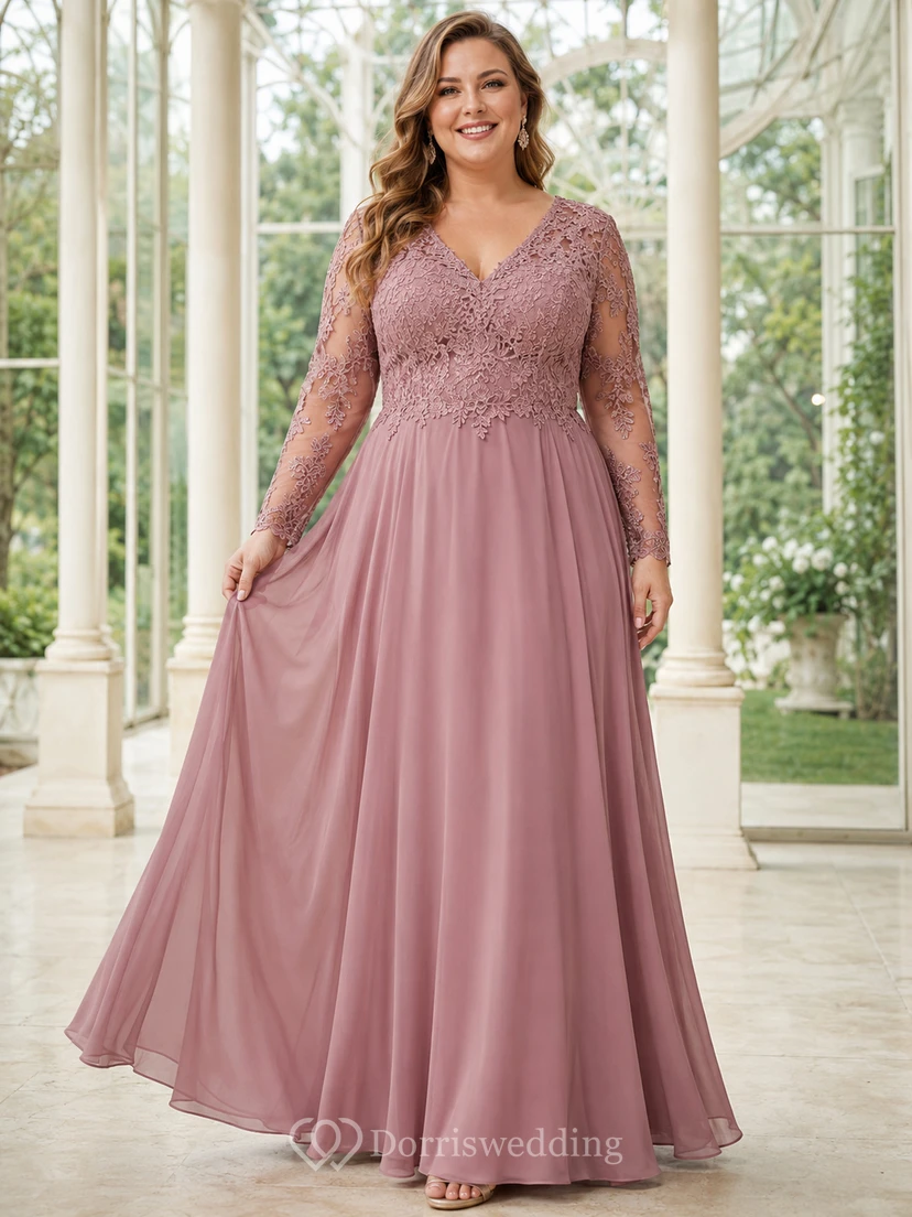 Romantisches Abendkleid aus Chiffon in A-Linie, bodenlang, mit V-Ausschnitt und langen Ärmeln aus Rosenholzspitze und Altrosa.