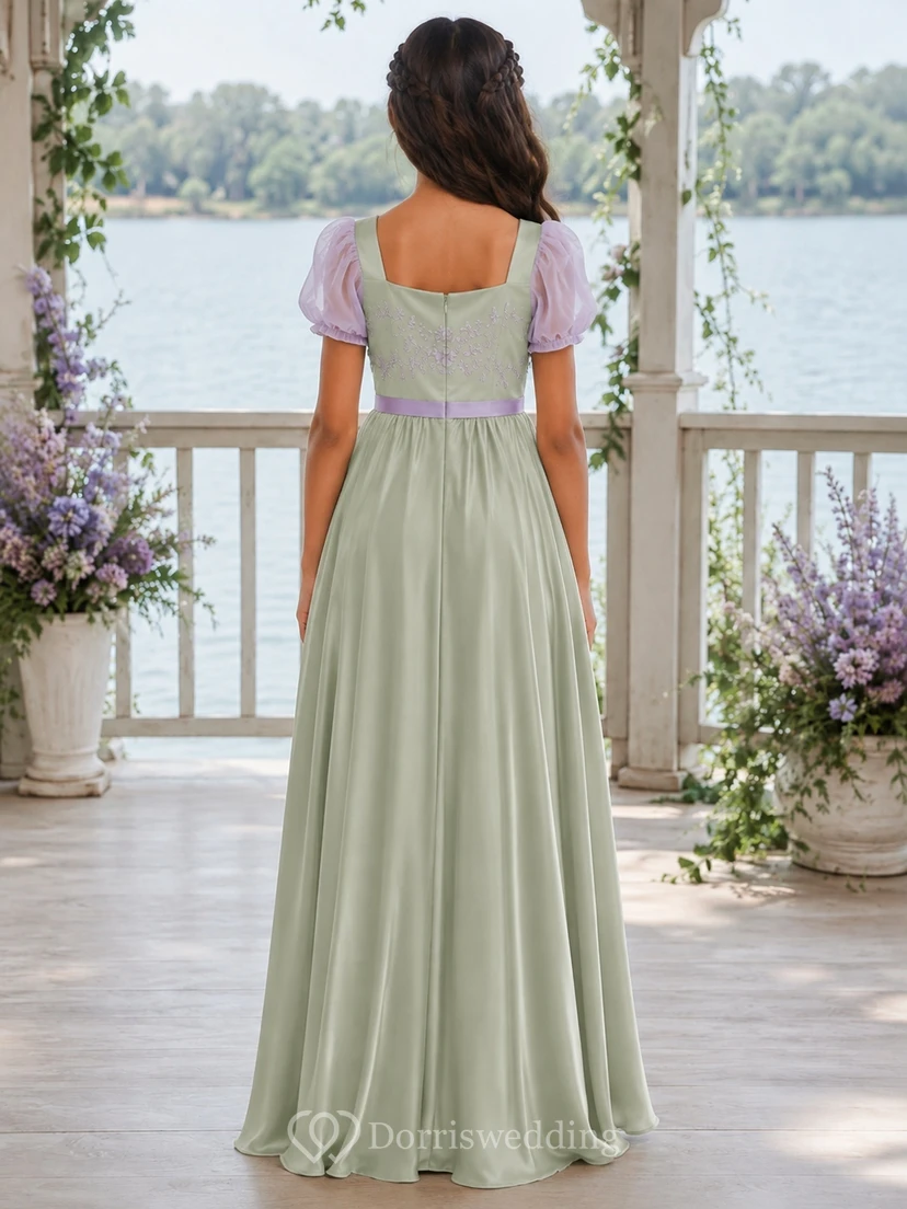 Celadonfarbenes Brautjungfernkleid für junge Damen, A-Linie, eckiger Schnitt, kurze Puffärmel, Schärpe/Band, elegant, romantisch view 2