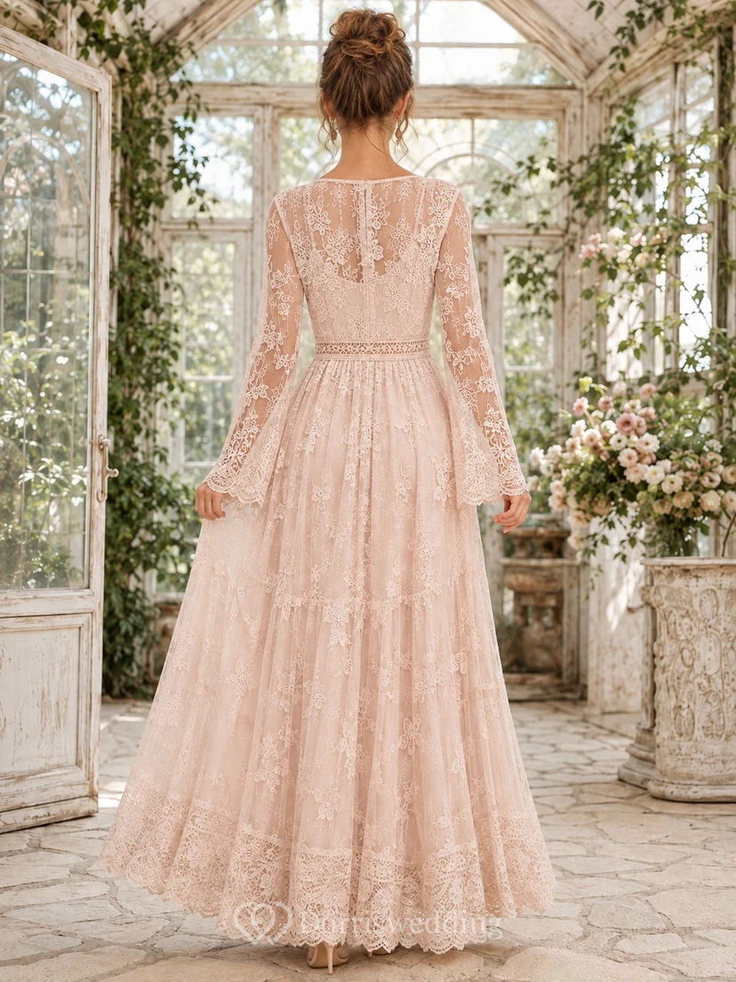 Boho Pearl Pink Square Neck Long Sleeve Tiered Lace Dress view 2