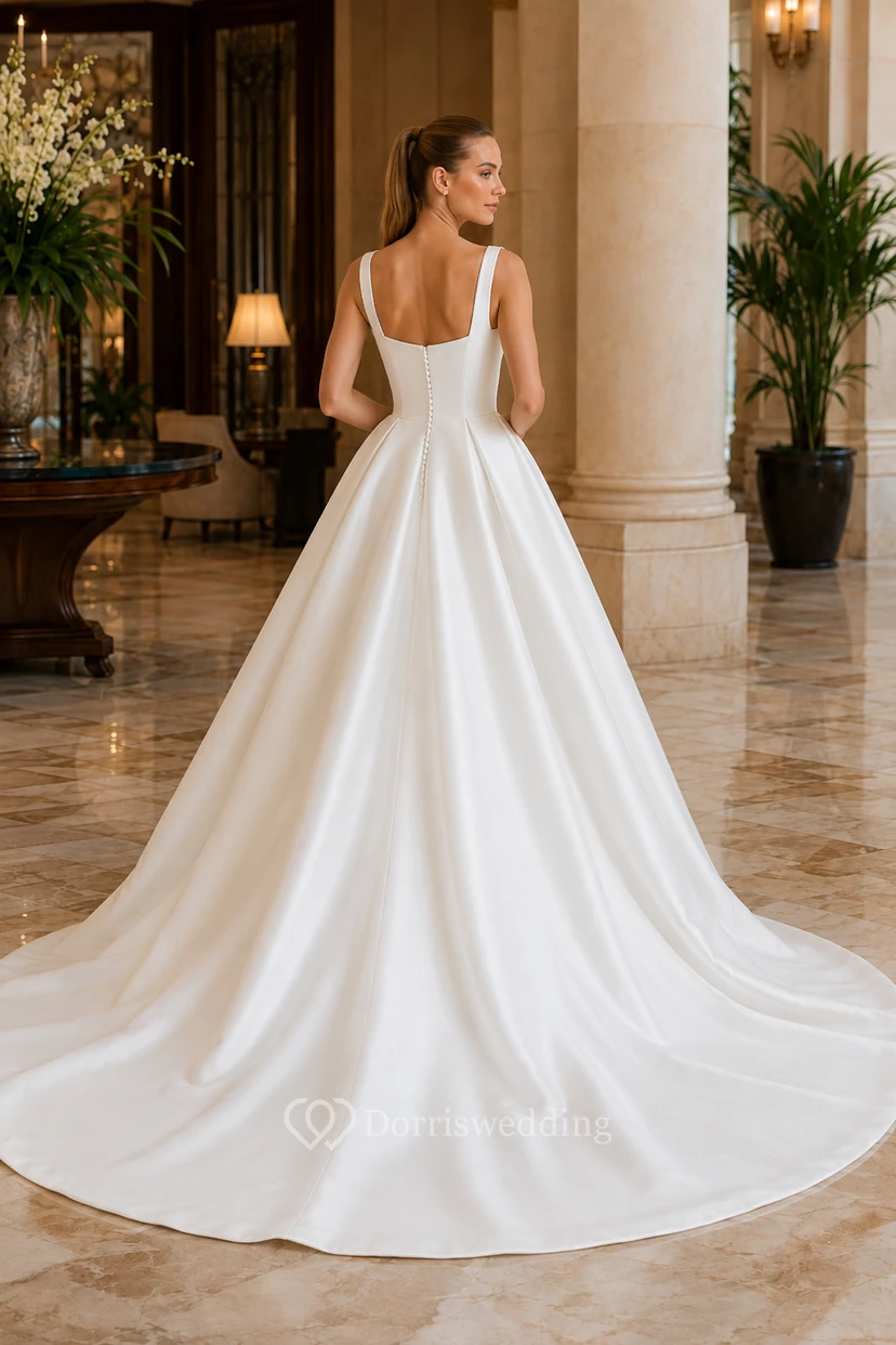 Vestido de novia de satén, estilo princesa, con detalle de tirantes y cola larga. view 2
