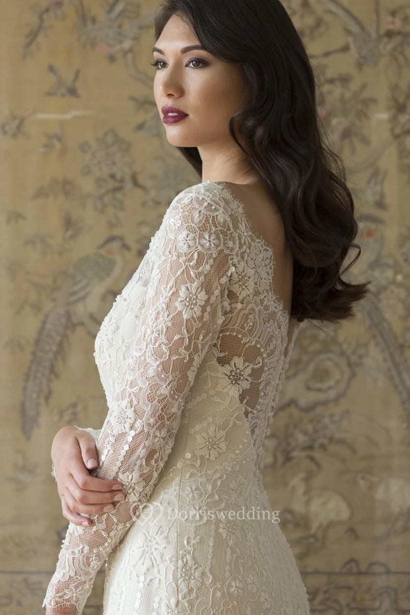 Off-The-Shoulder Beaded Floor-Length Long-Sleeve Lace Wedding Dress view 2